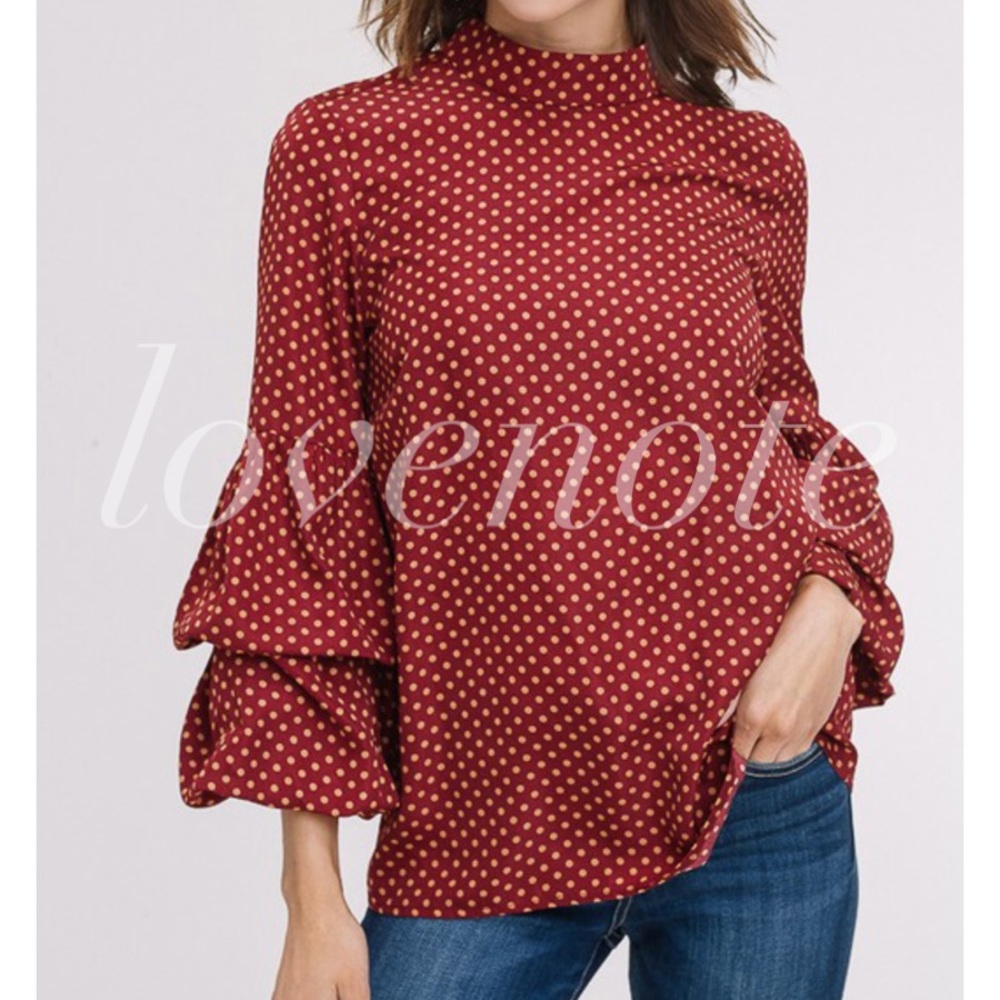 Maple Polka Dot Tiered Puff Ruffle Sleeve Blouse - Picture 2 of 8